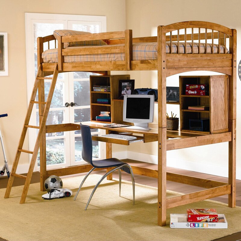 full size wooden loft bed with desk