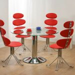 glass dining table red chairs