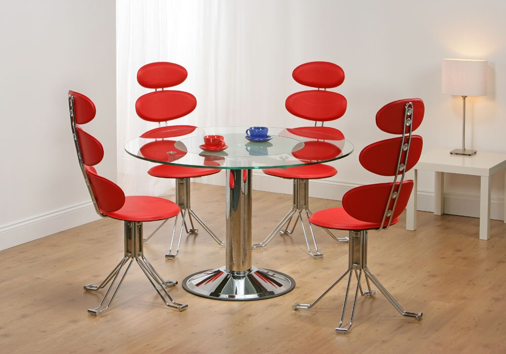 glass dining table red chairs