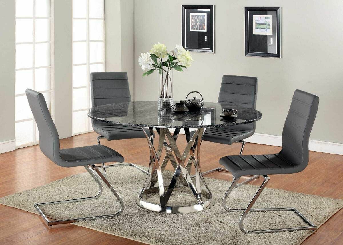 glass dining table with grey chairs