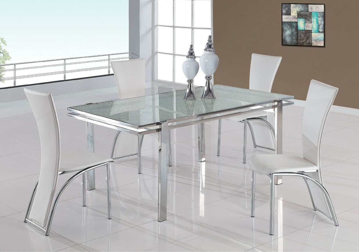 glass dining table with white chairs